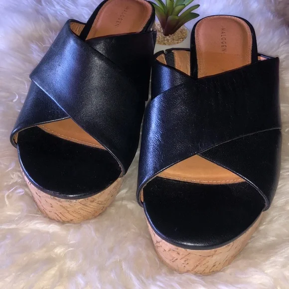 HALOGEN Leather Platform Cork SLIDES 3”heel - Picture 7 of 8